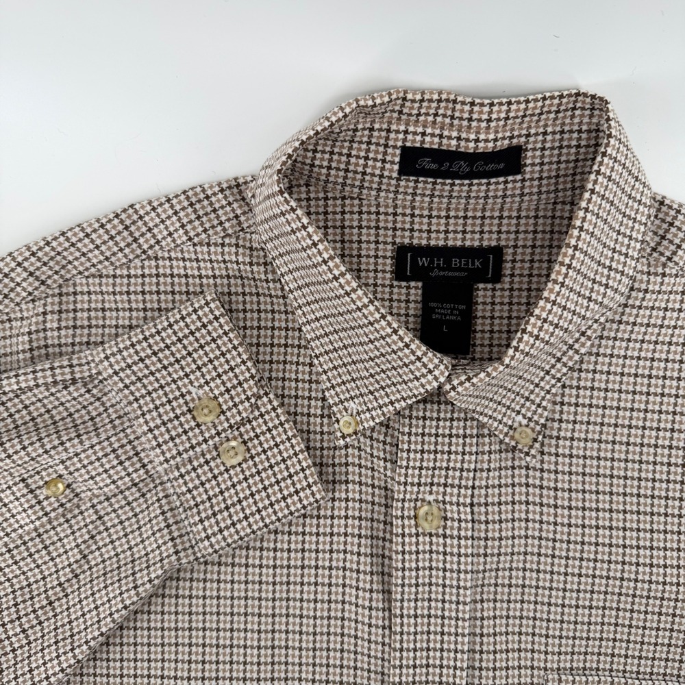 WH Belk Sportswear Mens Large Button Down Shirt Long Sleeve Houndstooth Cotton‎